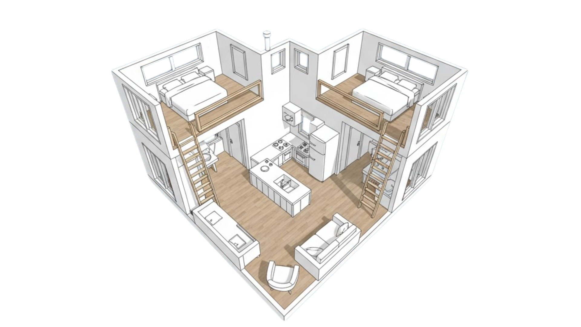 dual loft bedrooms layout two bedroom tiny home layout