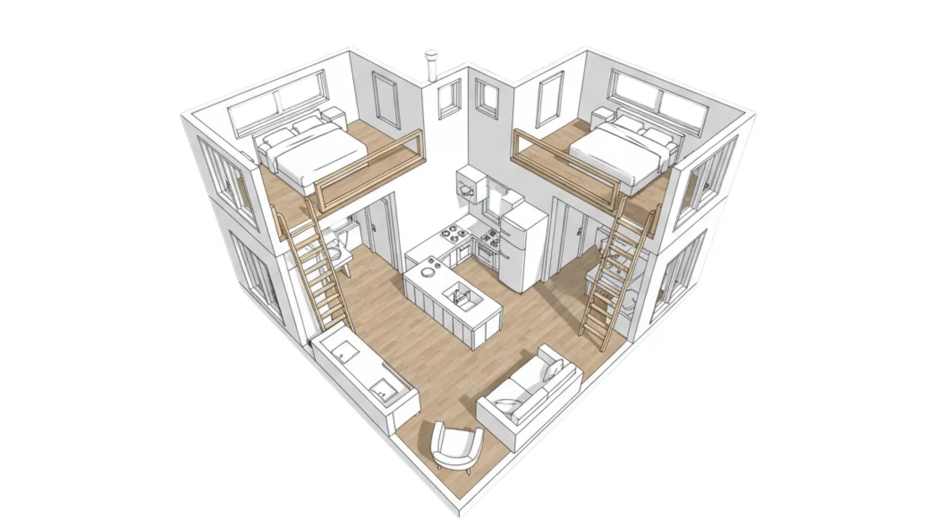 dual loft bedrooms layout two bedroom tiny home layout