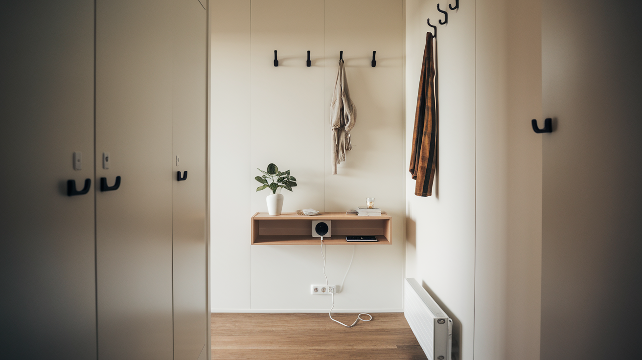 floating console table with hidden charging station tiny house interior