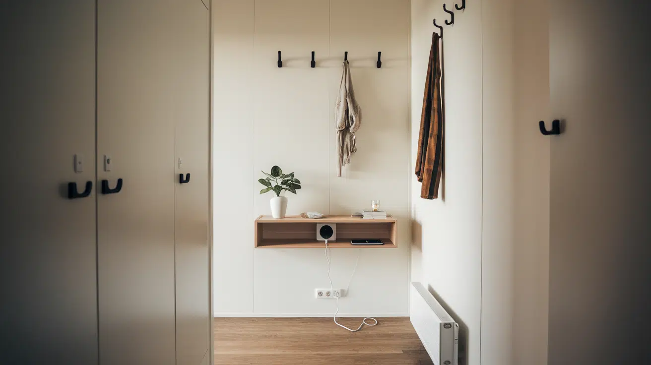 floating console table with hidden charging station tiny house interior