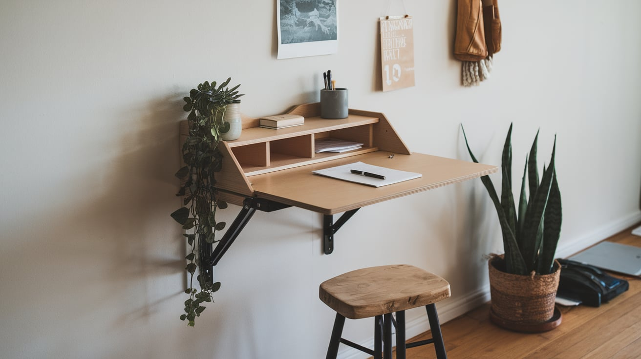 fold down desk in quiet corner tiny house interior