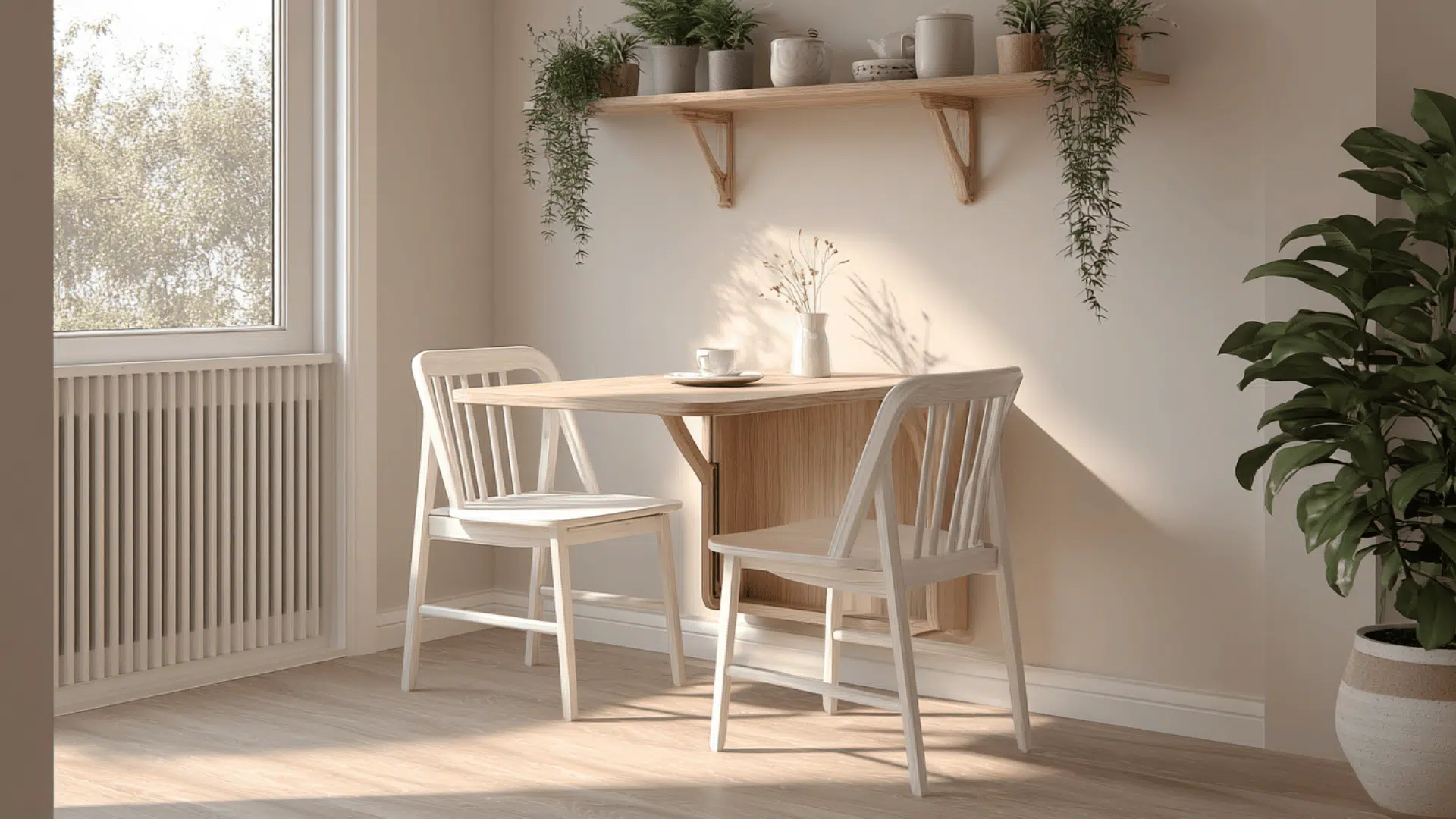 foldable dining table mounted to the wall for studio apartment storage ideas