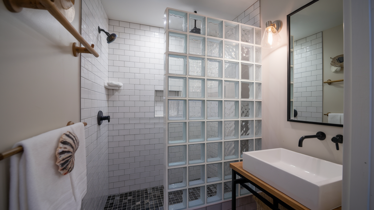 glass block wall small bathroom walk in shower idea