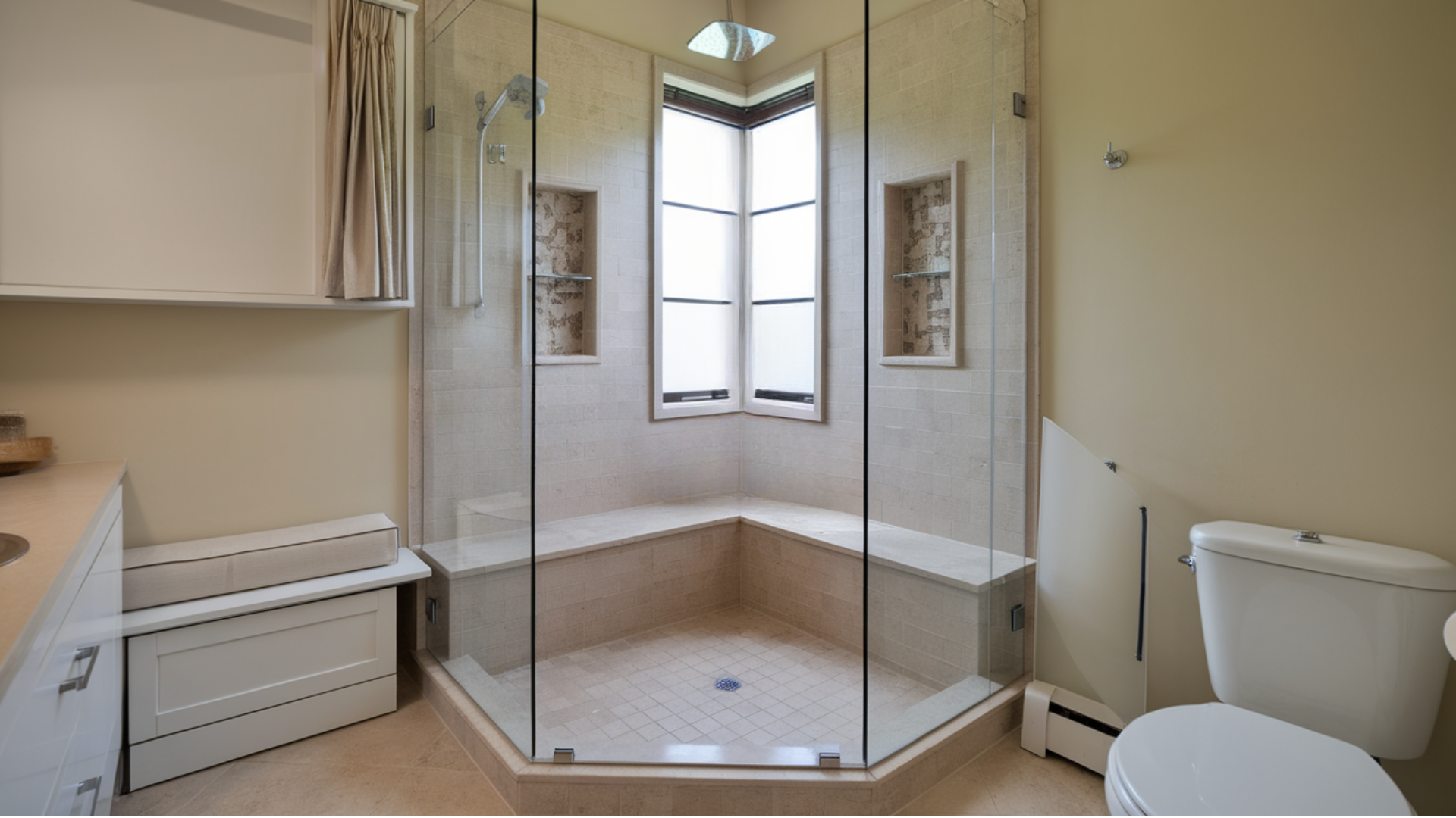 l shaped layout small bathroom walk in shower idea