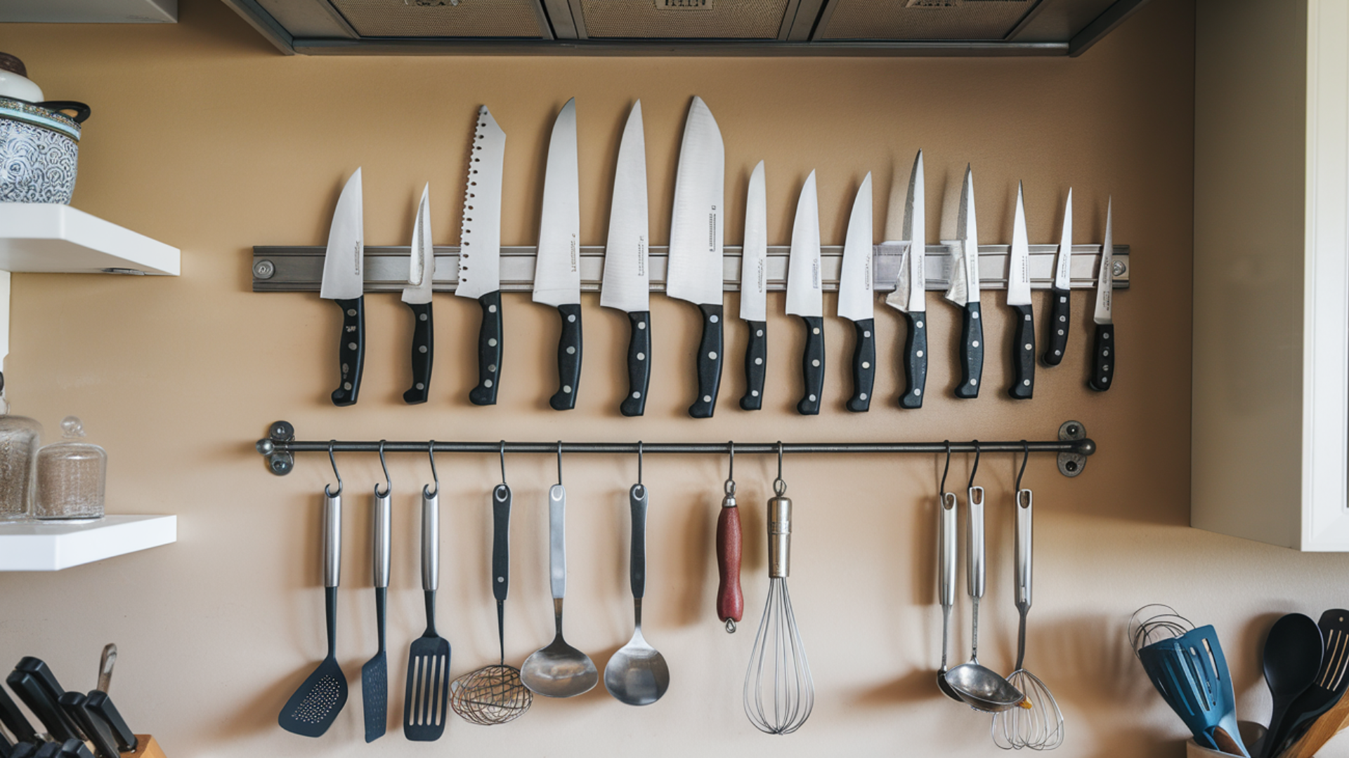 magnetic knife strip and metal rail system tiny house interior