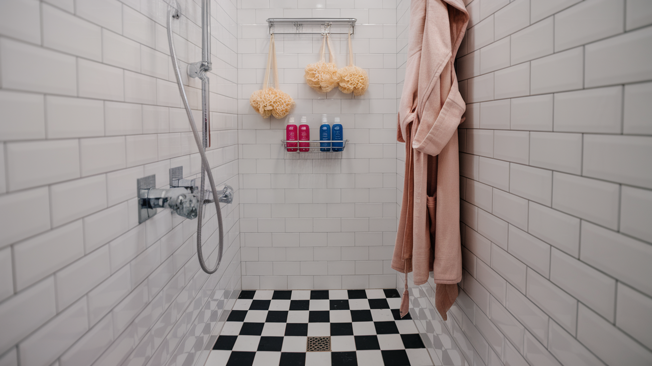 narrow shower caddy and wall hooks tiny house interior