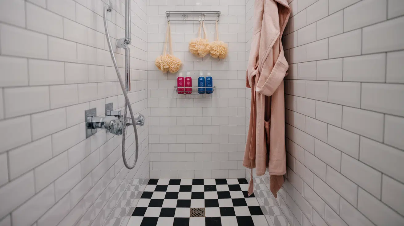 narrow shower caddy and wall hooks tiny house interior