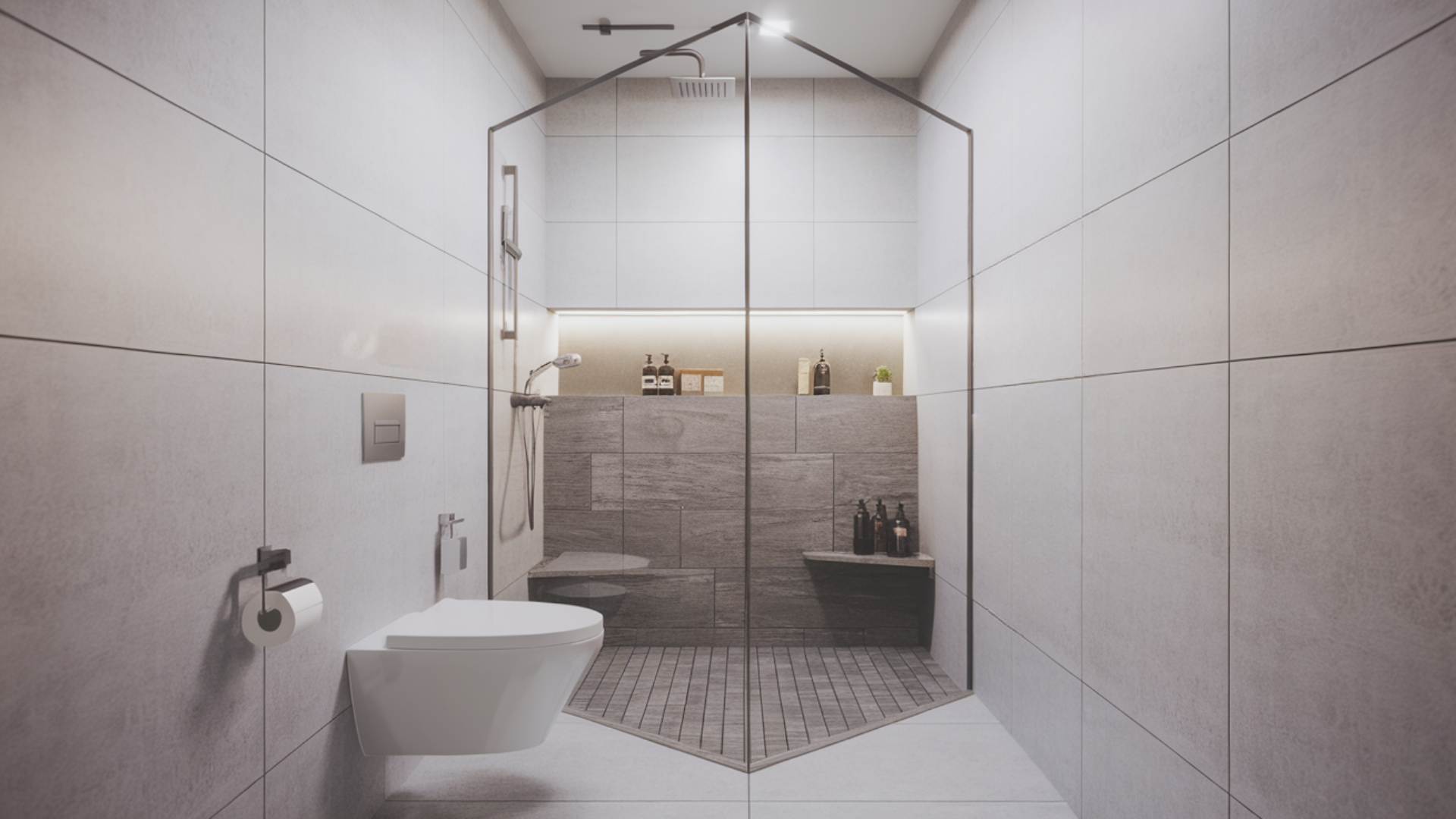 neo angle corner small bathroom walk in shower idea