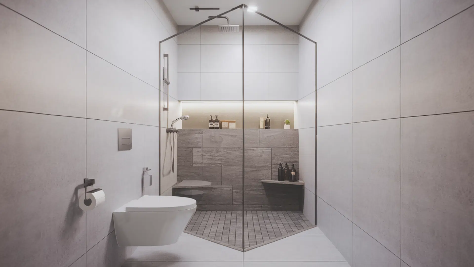 neo angle corner small bathroom walk in shower idea