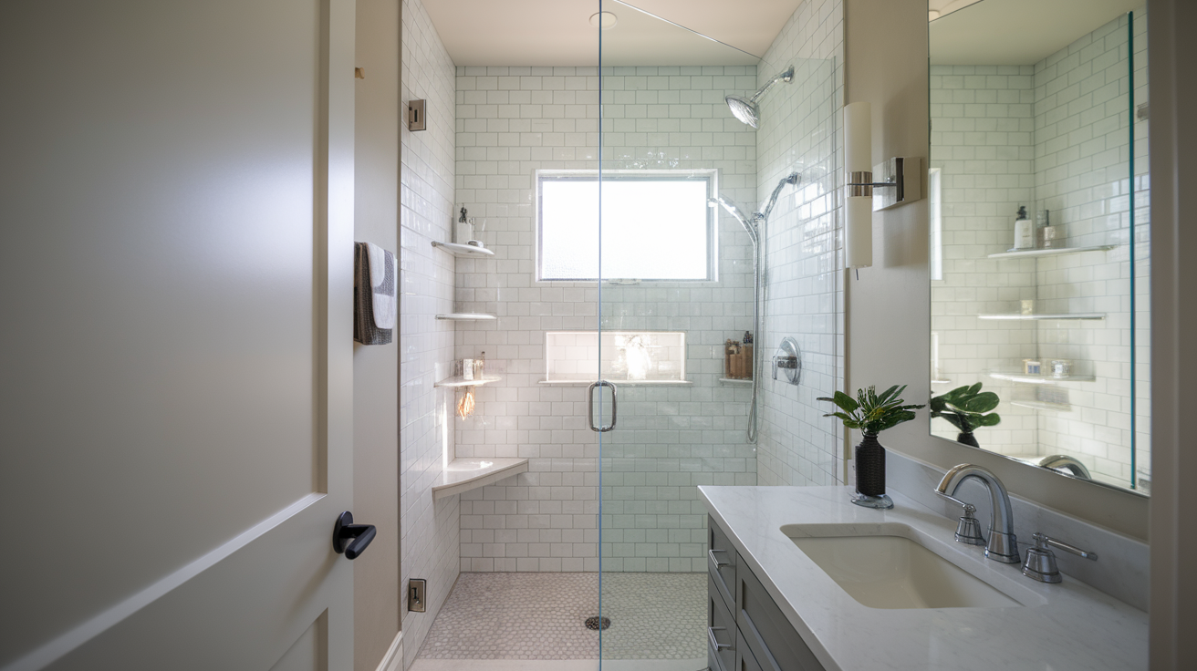 offset entry small bathroom walk in shower idea