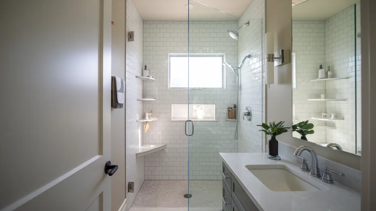 offset entry small bathroom walk in shower idea