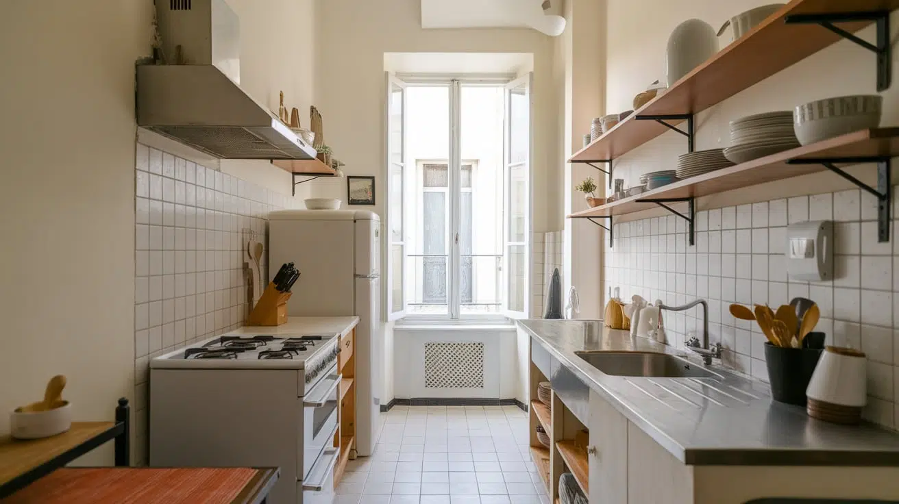 one wall kitchen with open shelves tiny house interior