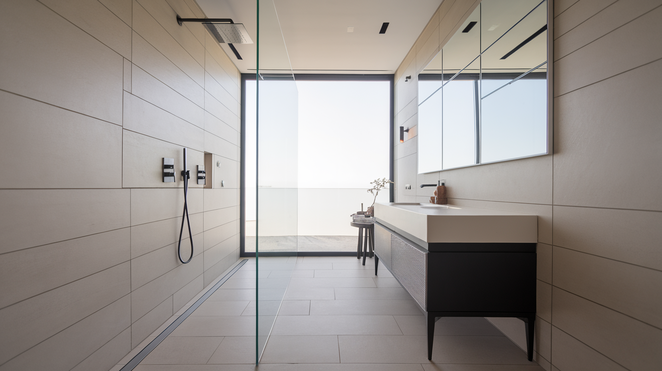 one wall layout small bathroom walk in shower idea