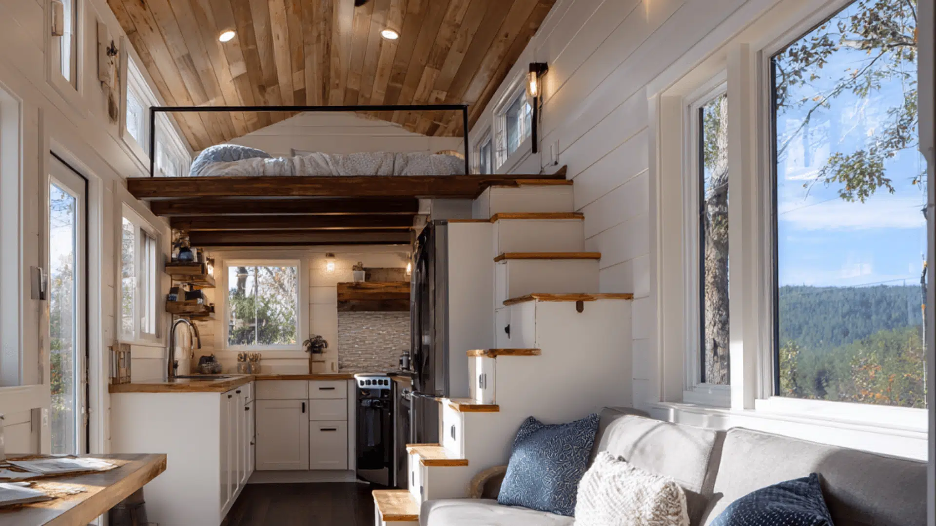 open concept with loft bed one bedroom tiny house designs