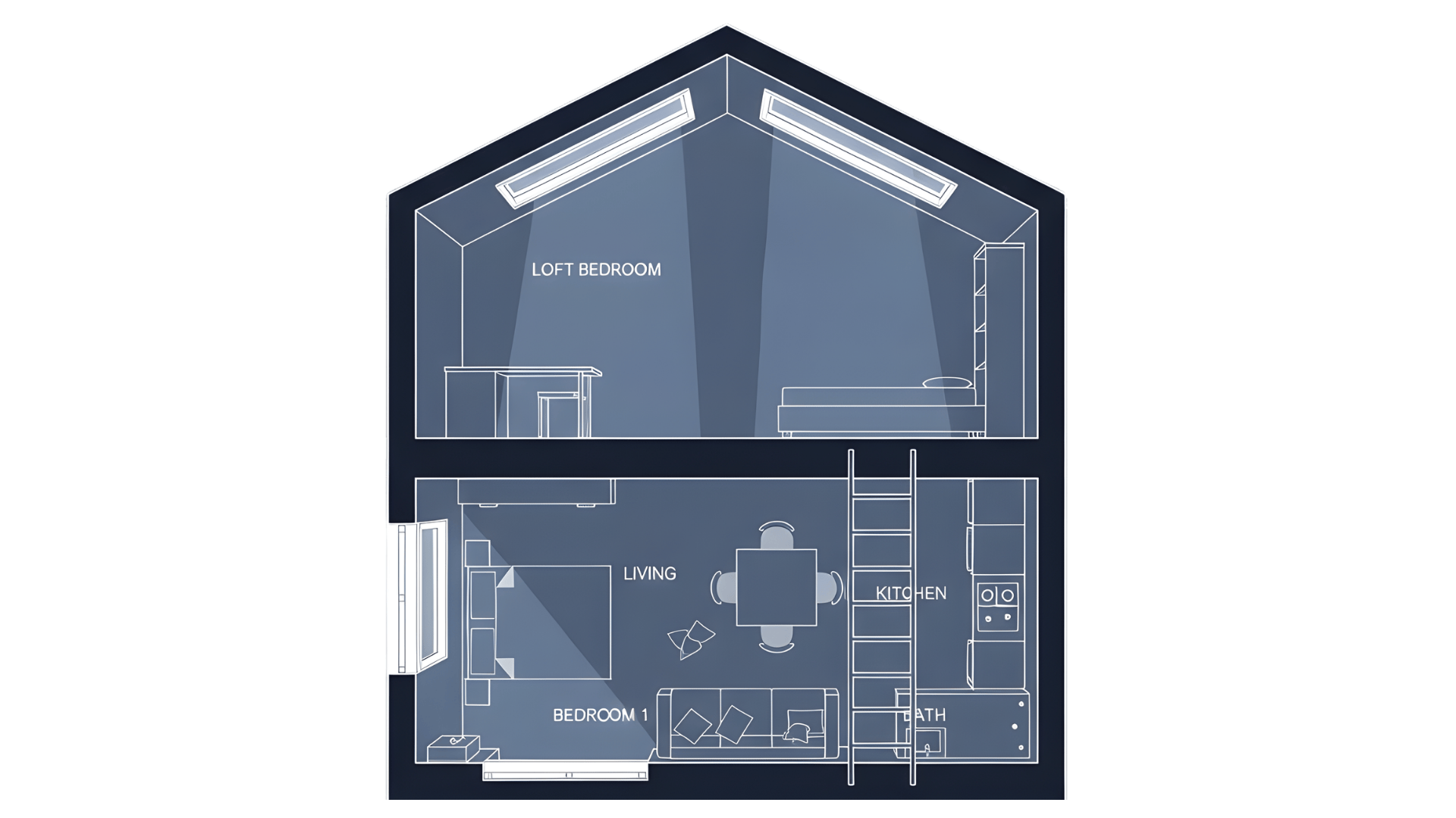 open plan layout with one lofted bedroom two bedroom tiny home
