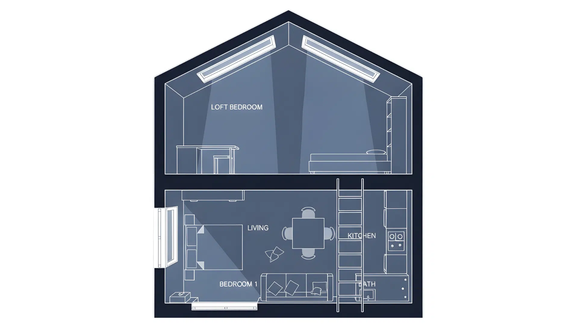 open plan layout with one lofted bedroom two bedroom tiny home
