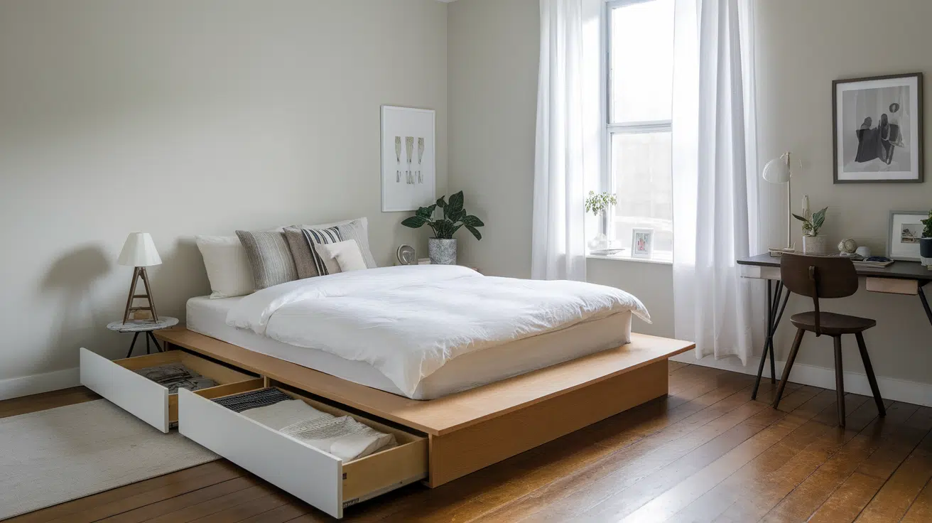 platform bed with deep drawer storage tiny house interior