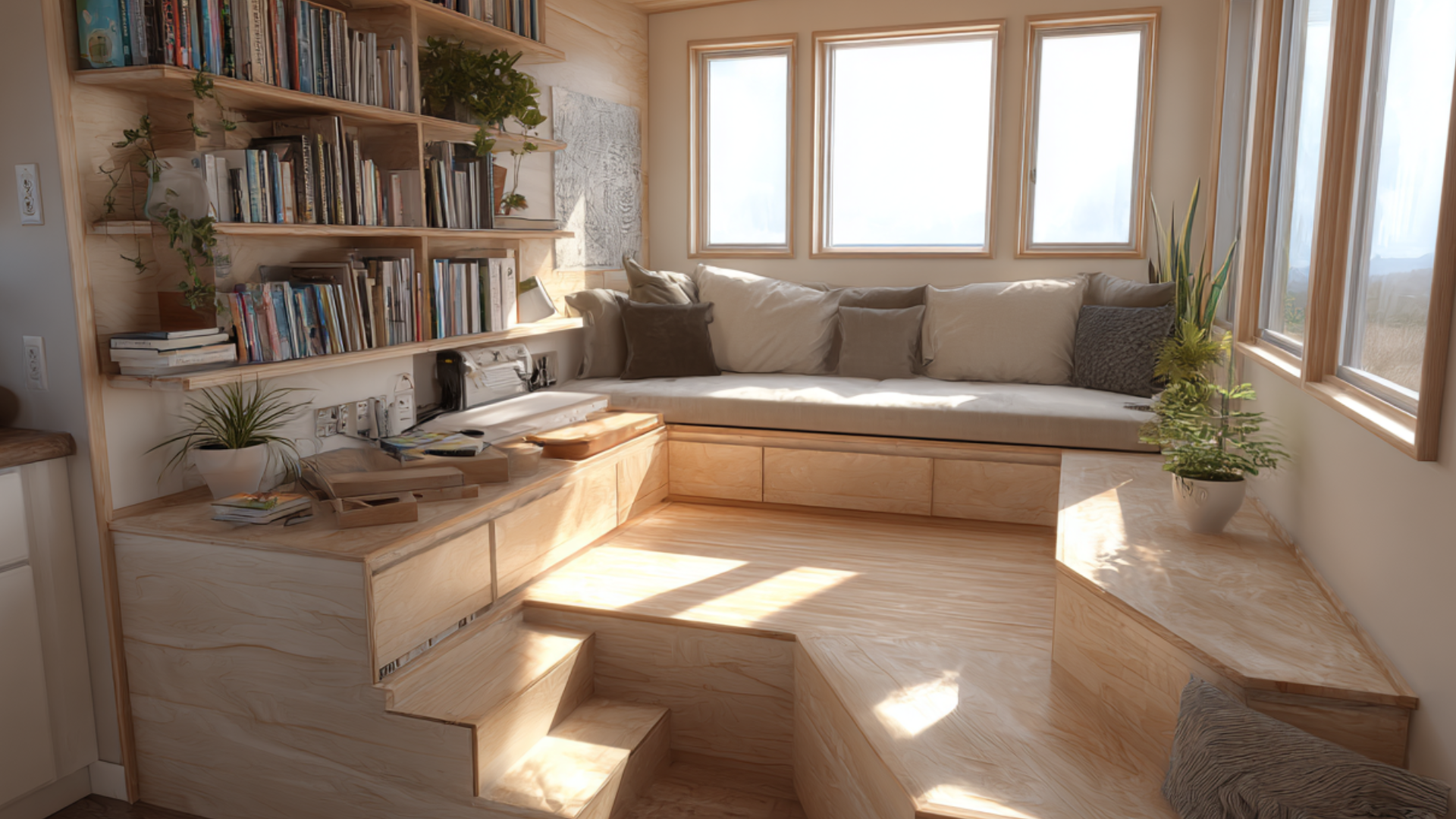 raised platform living area with storage