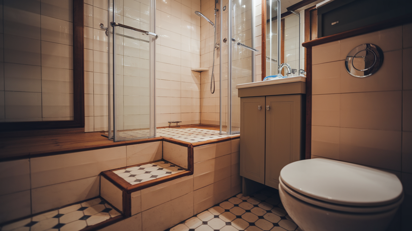 raised platform small bathroom walk in shower idea