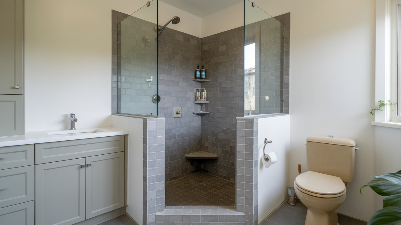 shared corner layout small bathroom walk in shower idea