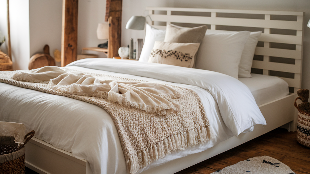 simple bedding with layered textures tiny house interior