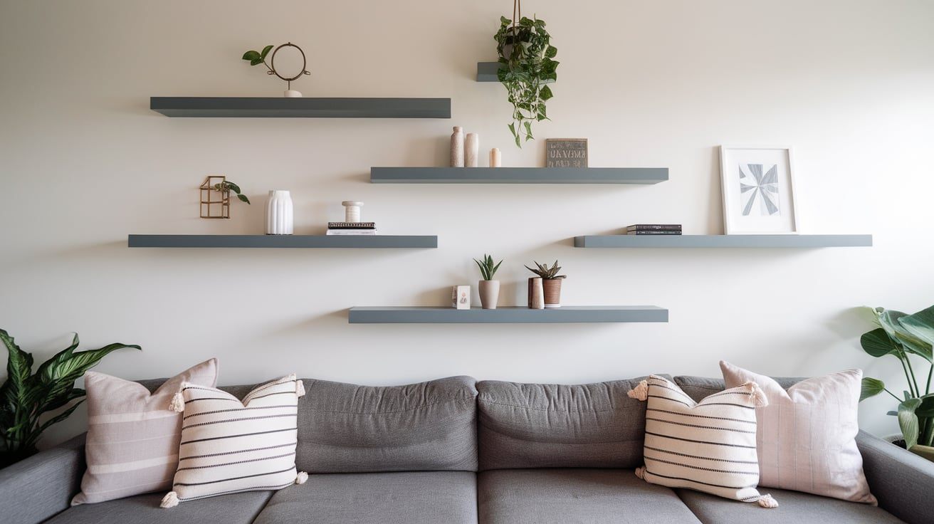 slim wall shelves instead of bookcases tiny house interior