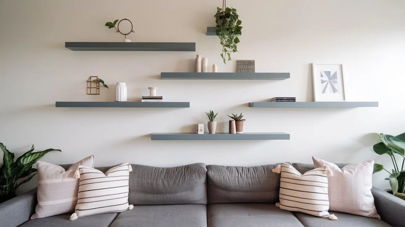 slim wall shelves instead of bookcases tiny house interior