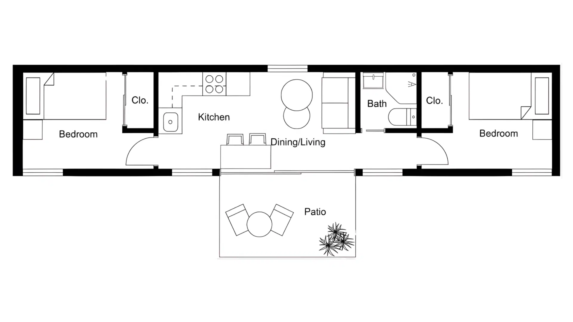 split end bedrooms with central living area 2 bedrooms tiny home layout