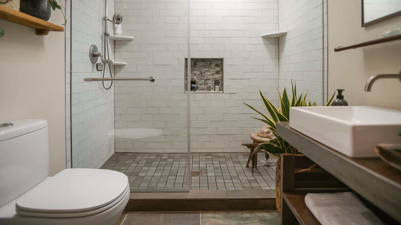 sunken split level small bathroom walk in shower idea