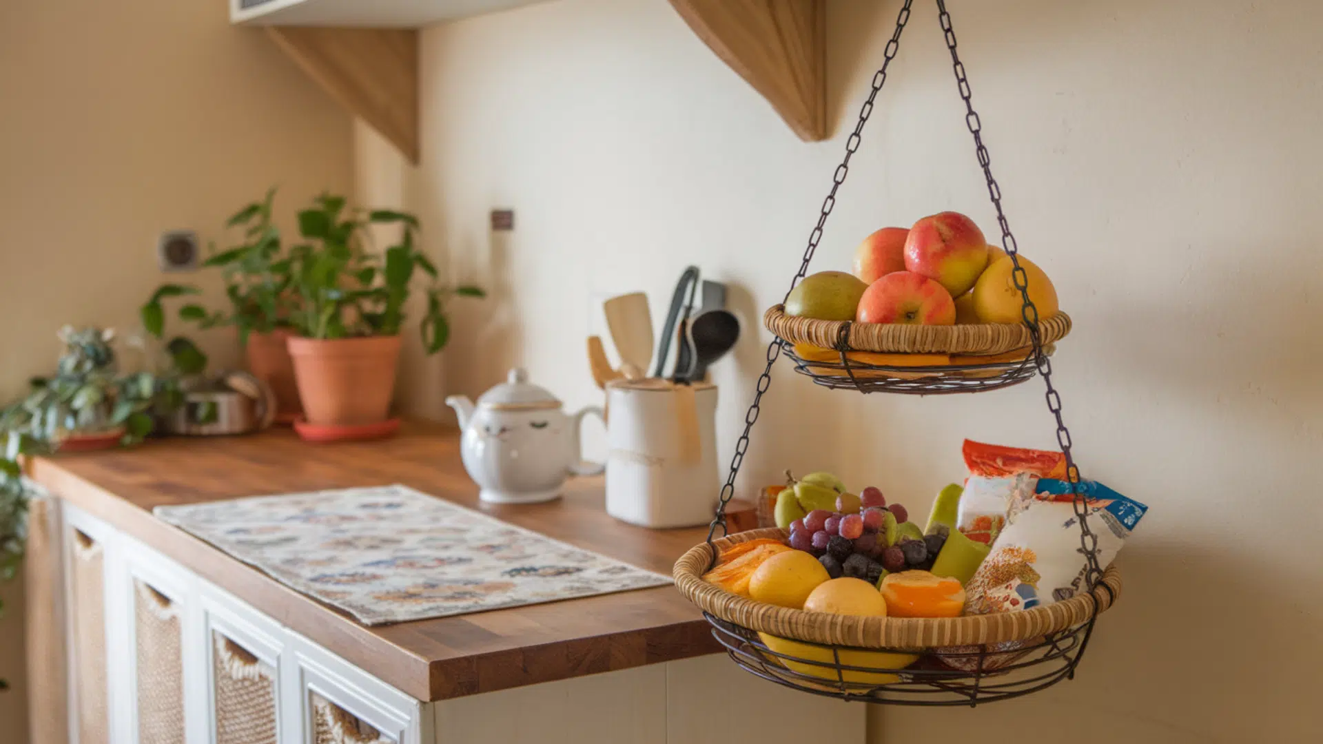 tiered baskets for produce and snacks tiny house interior
