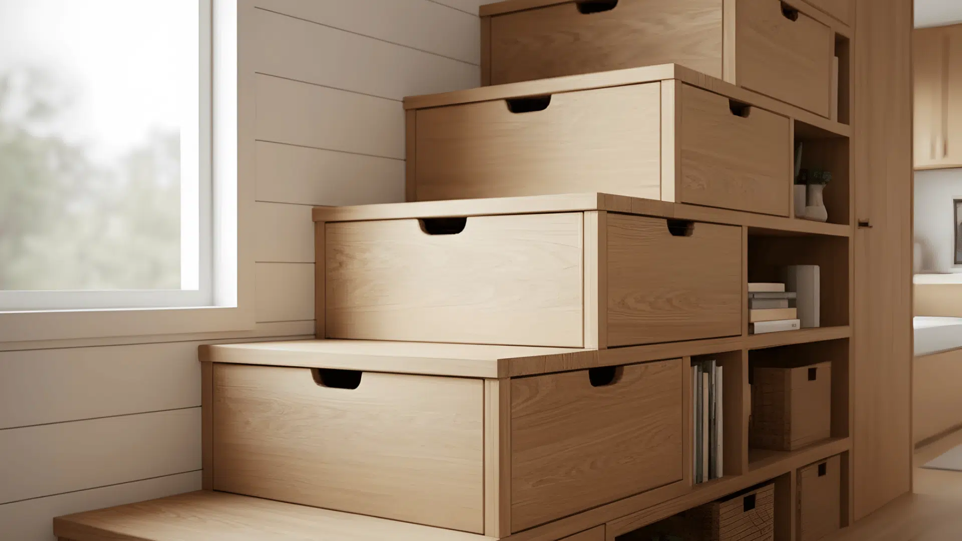 under stair cabinets and shelves tiny home interior design ideas