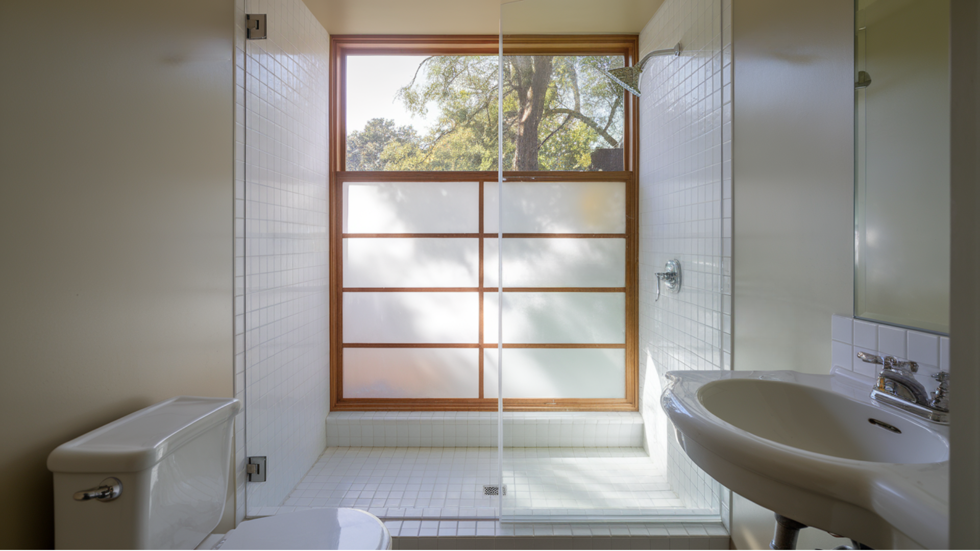 window feature small bathroom walk in shower idea