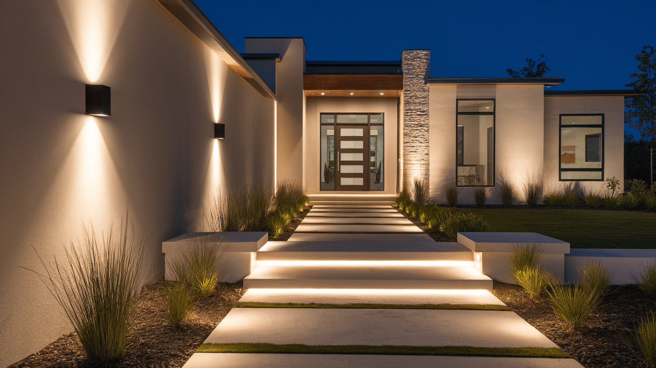modern exterior lighting warm glow nighttime contemporary exterior