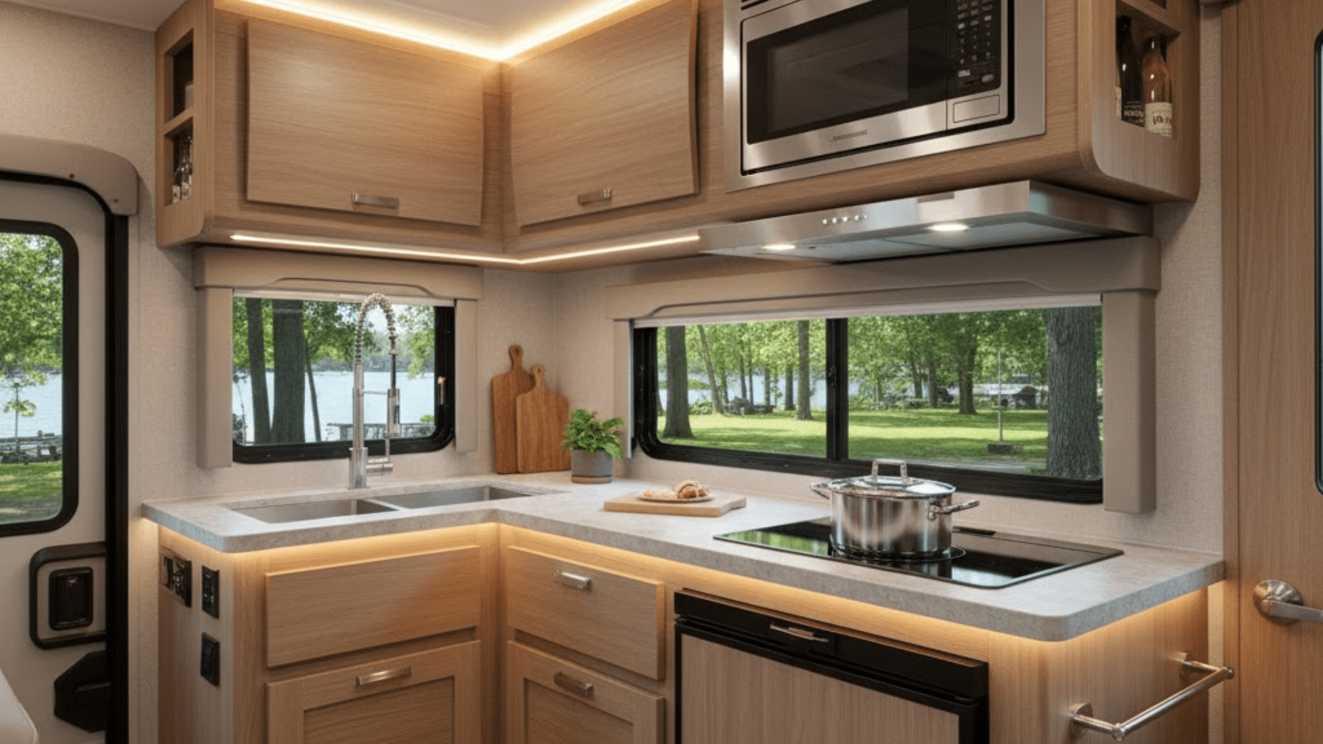 small class a rv functional kitchen space