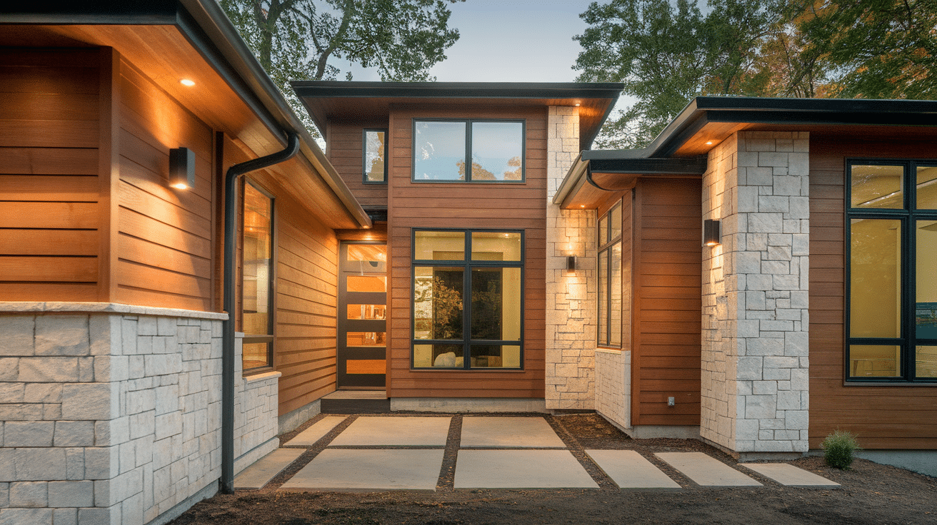 warm modern home wood stone design contemporary exterior