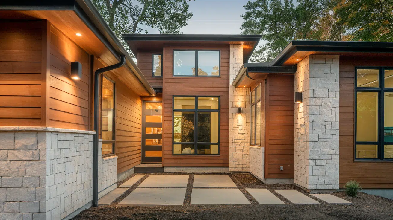 warm modern home wood stone design contemporary exterior