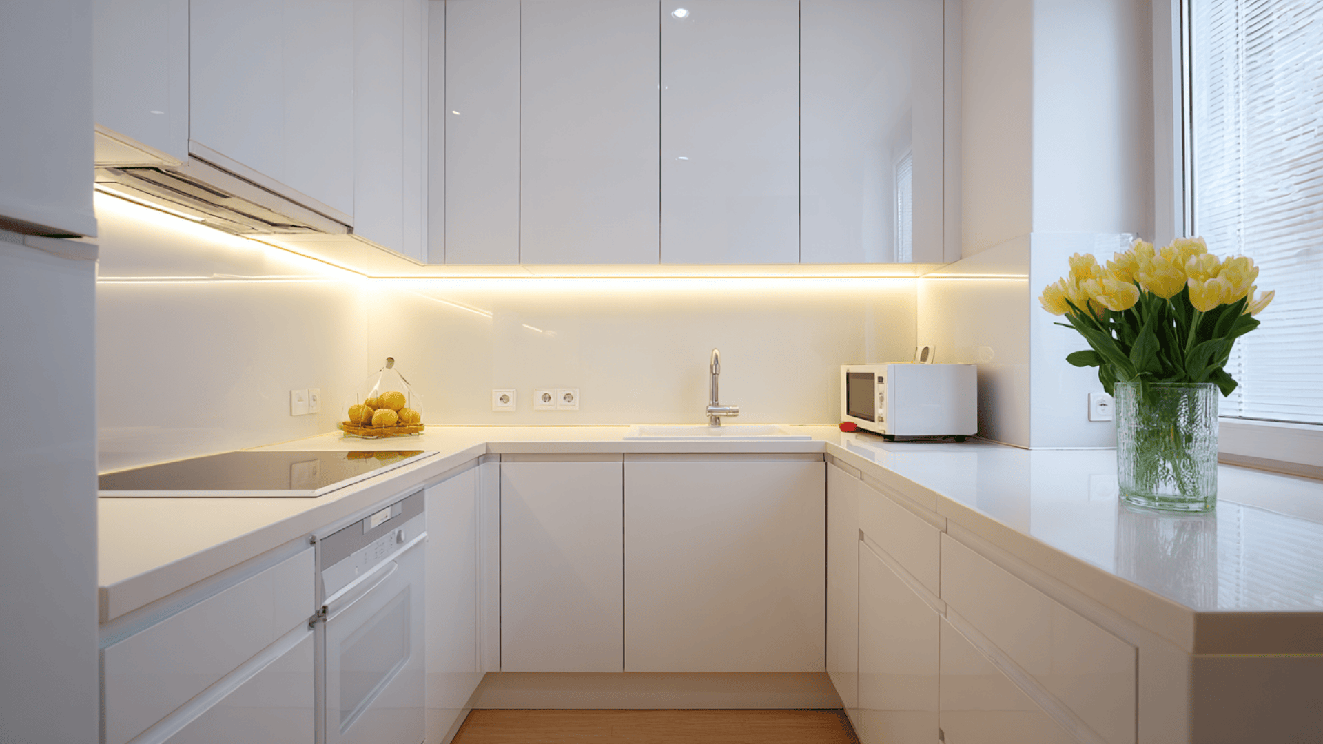 all white kitchen with warm under cabinet lighting