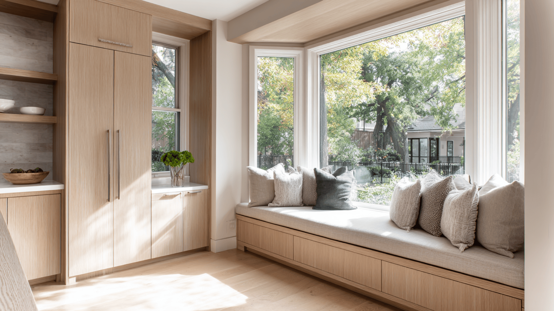 built in seating bench with storage below