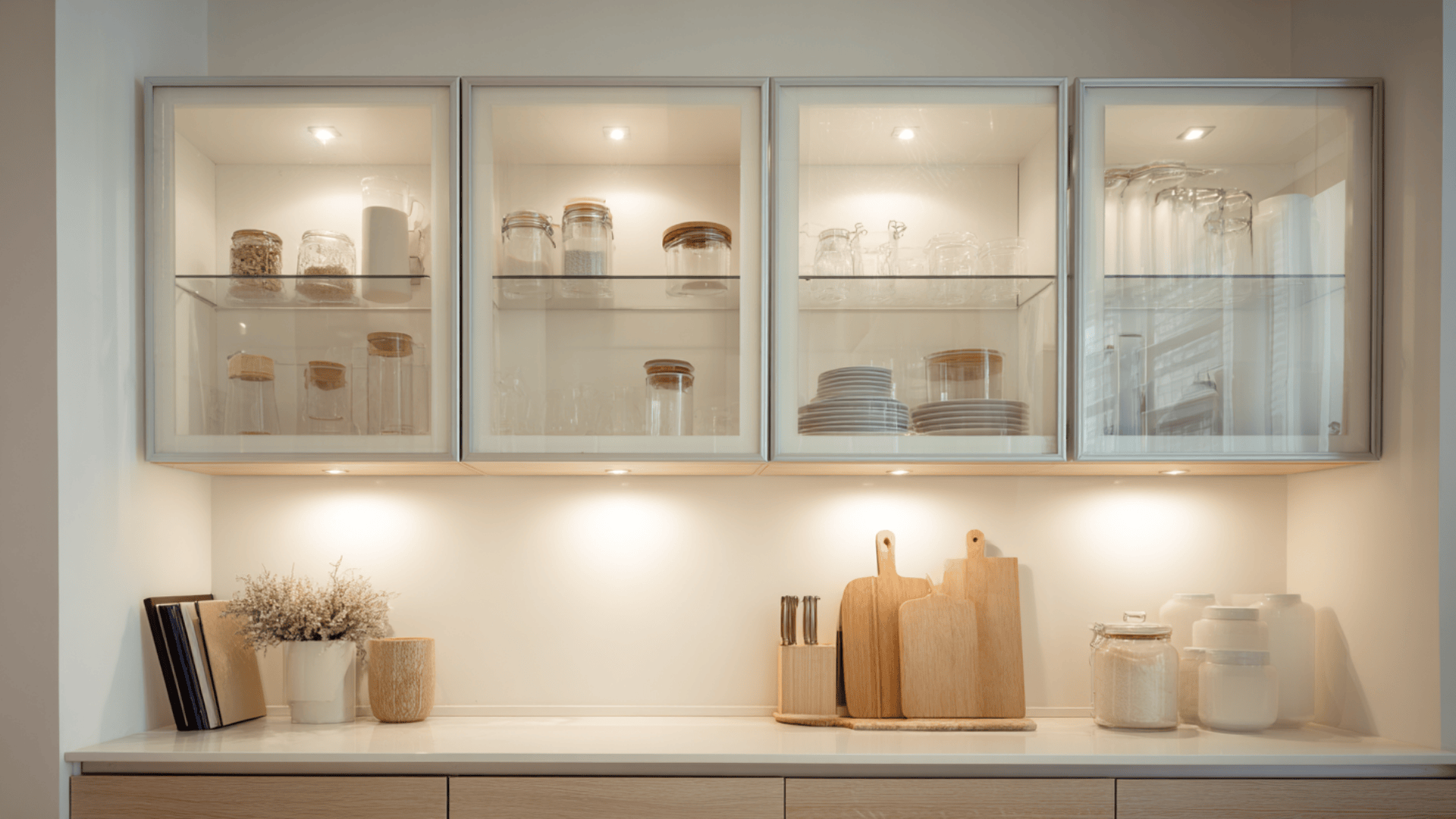 clear glass cabinet fronts with simple framing