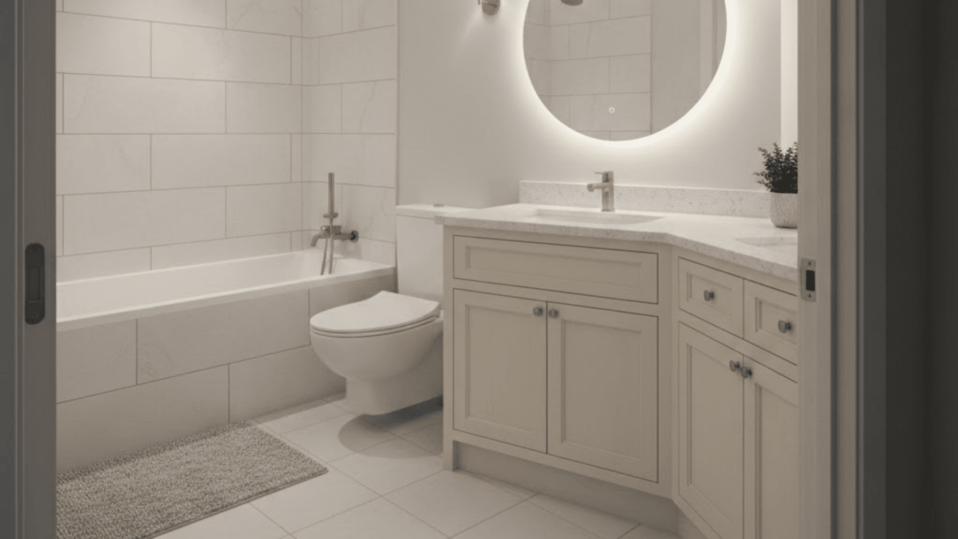 corner vanity with toilet and tub in a row