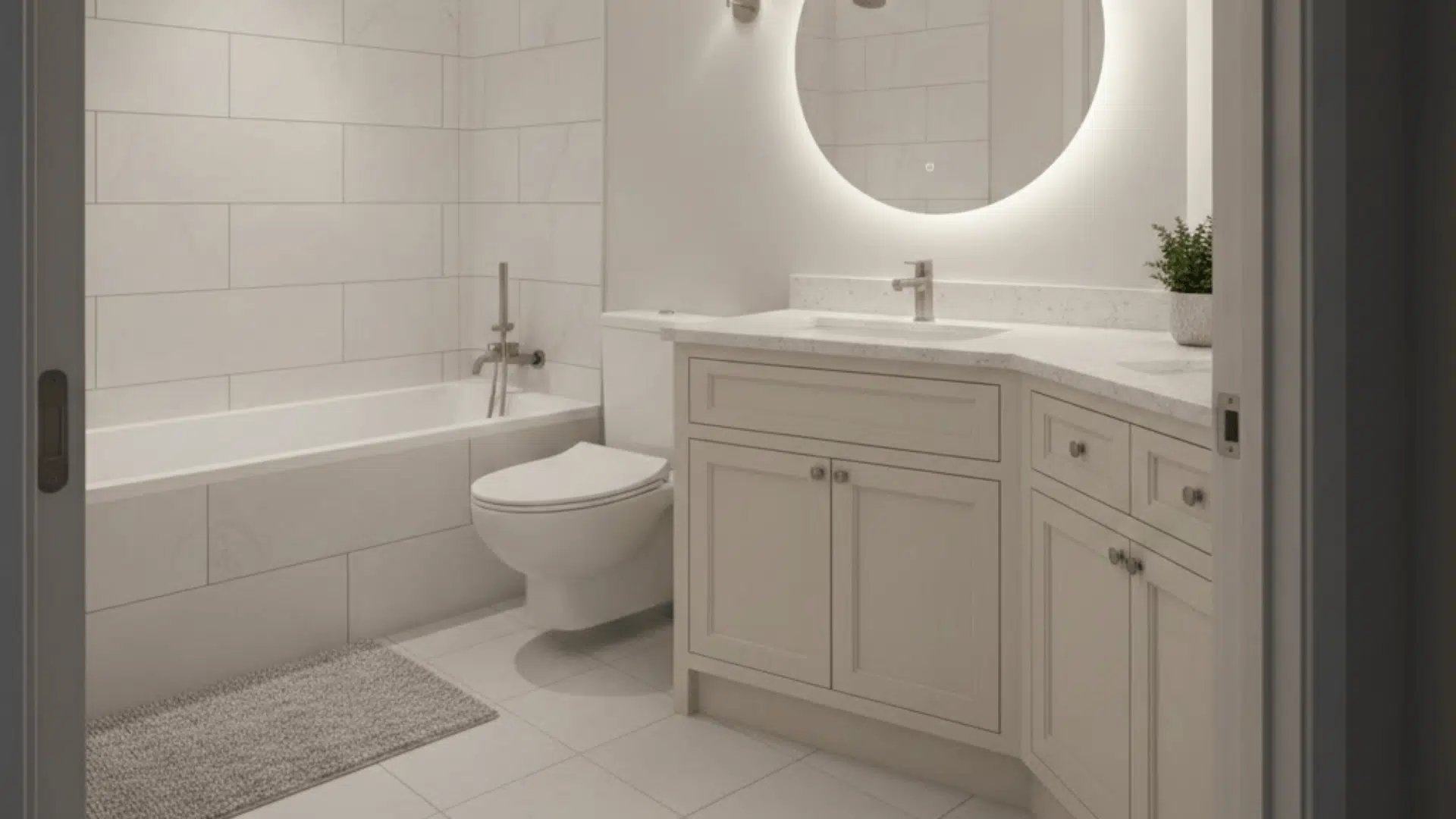 corner vanity with toilet and tub in a row