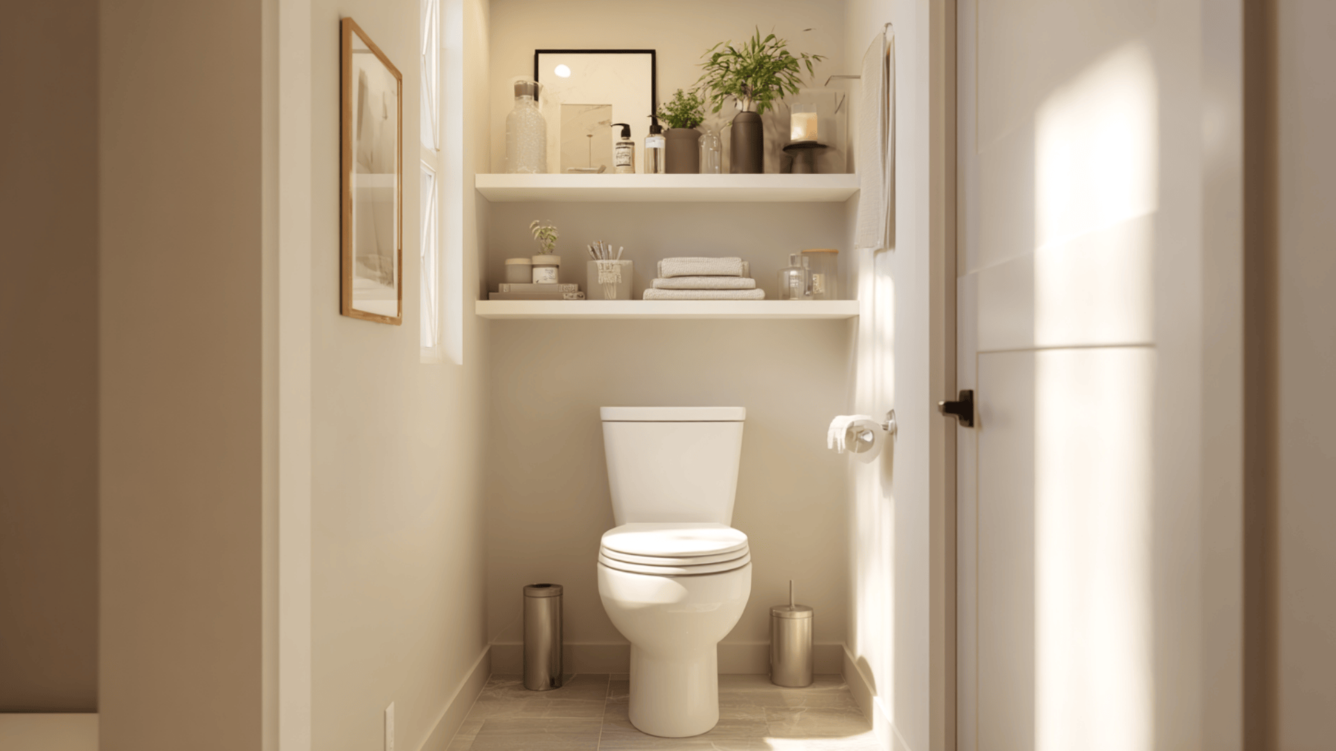 floating shelves above the toilet