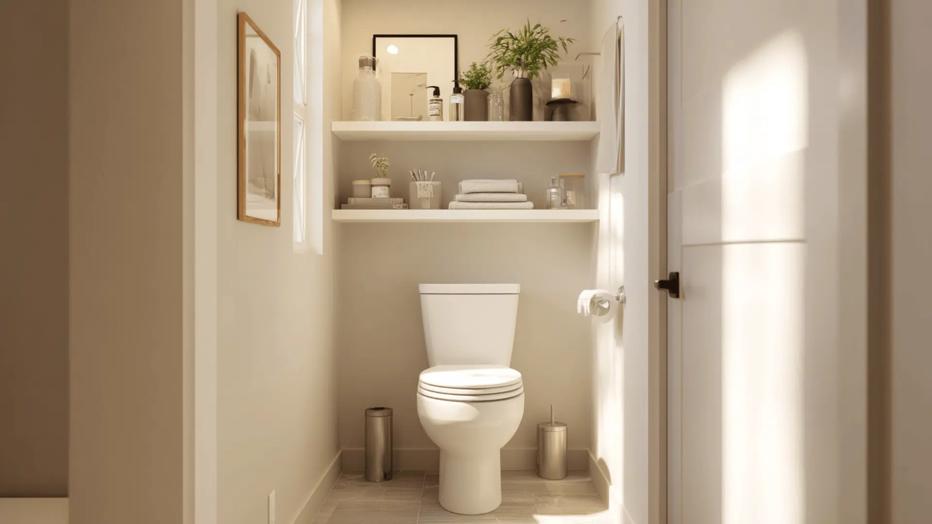 floating shelves above the toilet