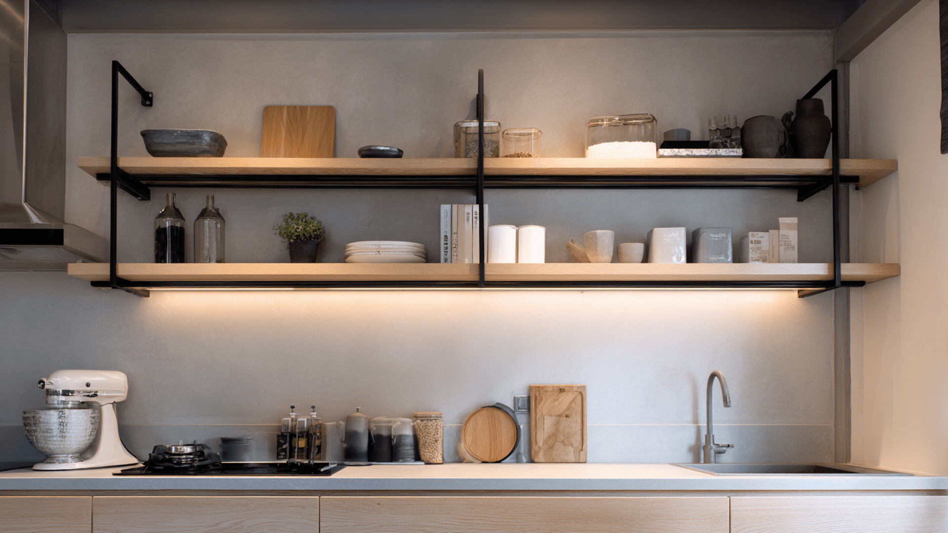 iron frame open shelving above the counter