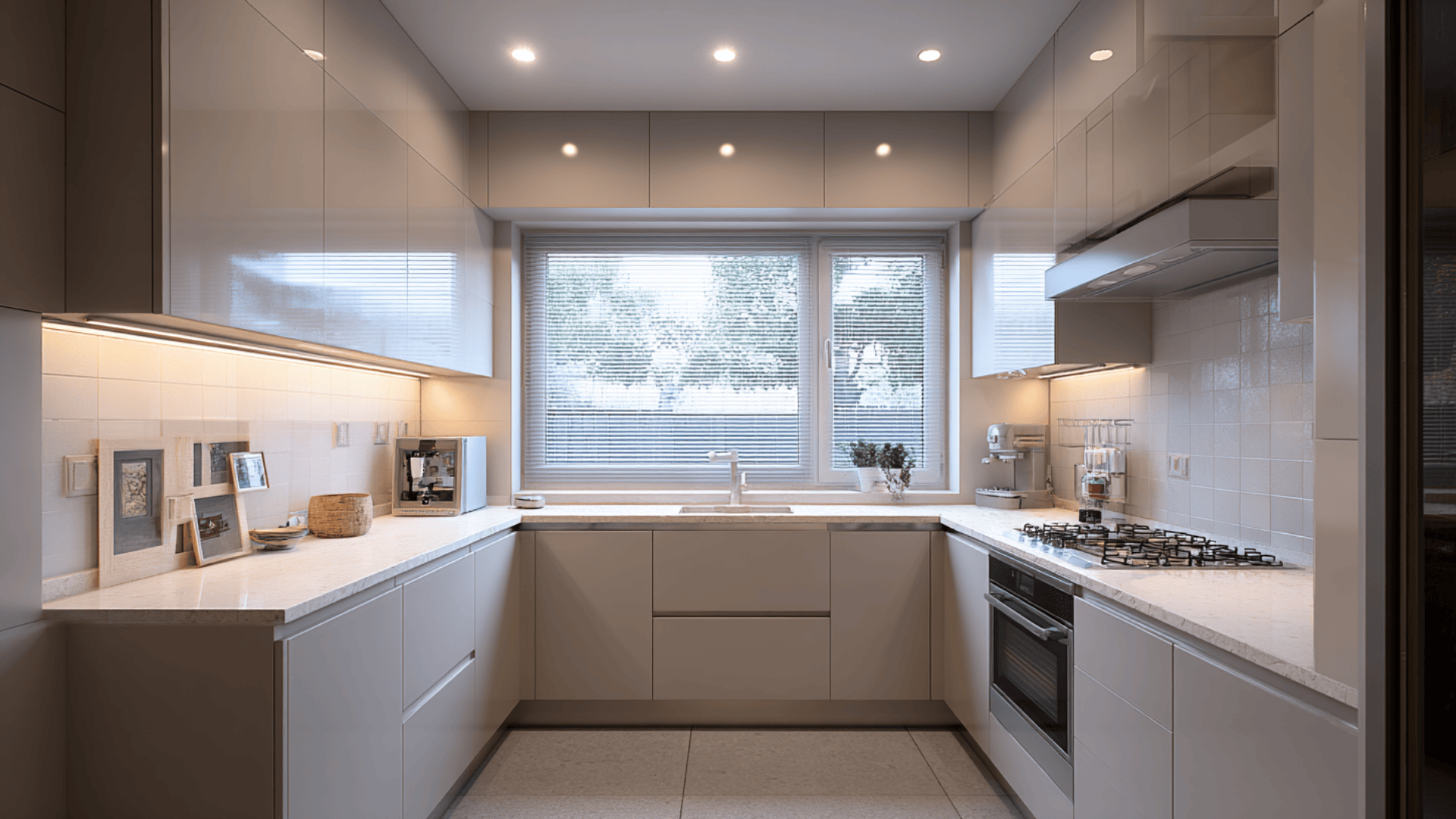 l shaped layout with clean flat cabinet panels