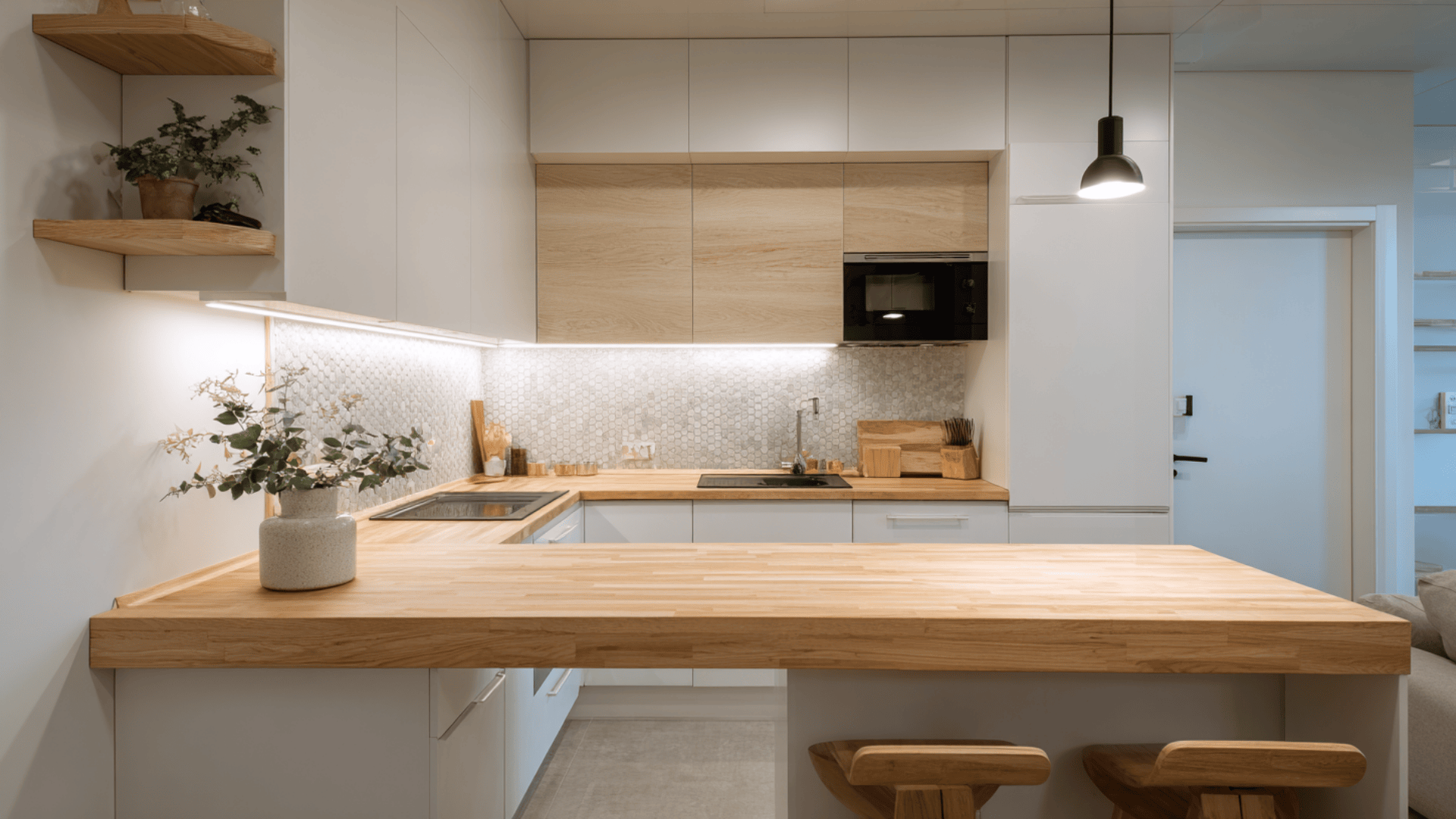 light wood butcher block bar top