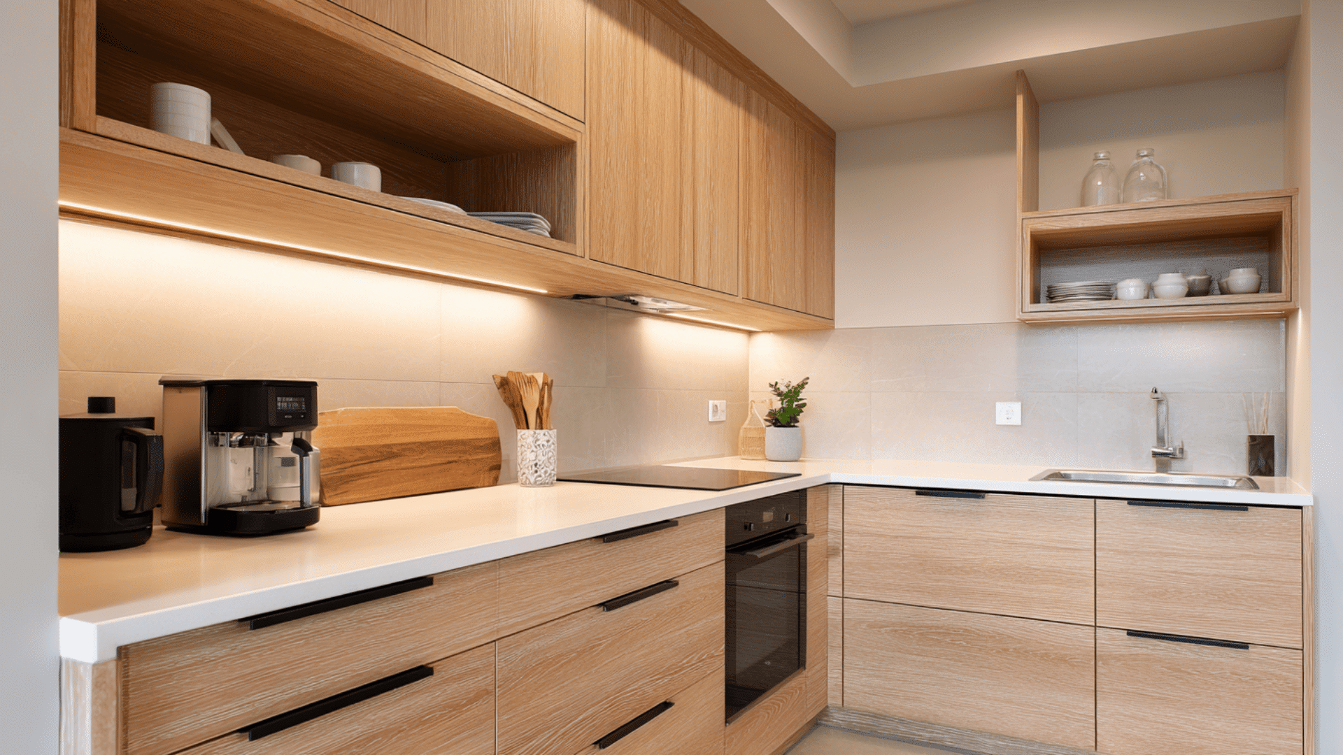 light wood cabinets with a slim black handle