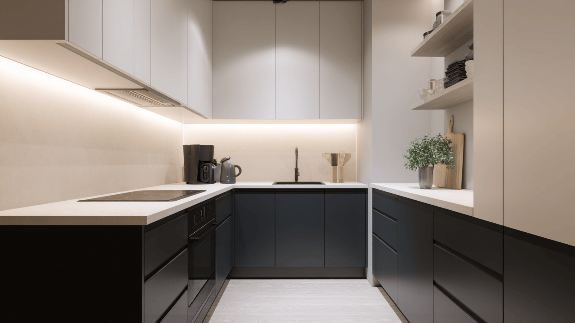 matte black lower cabinets with white uppers