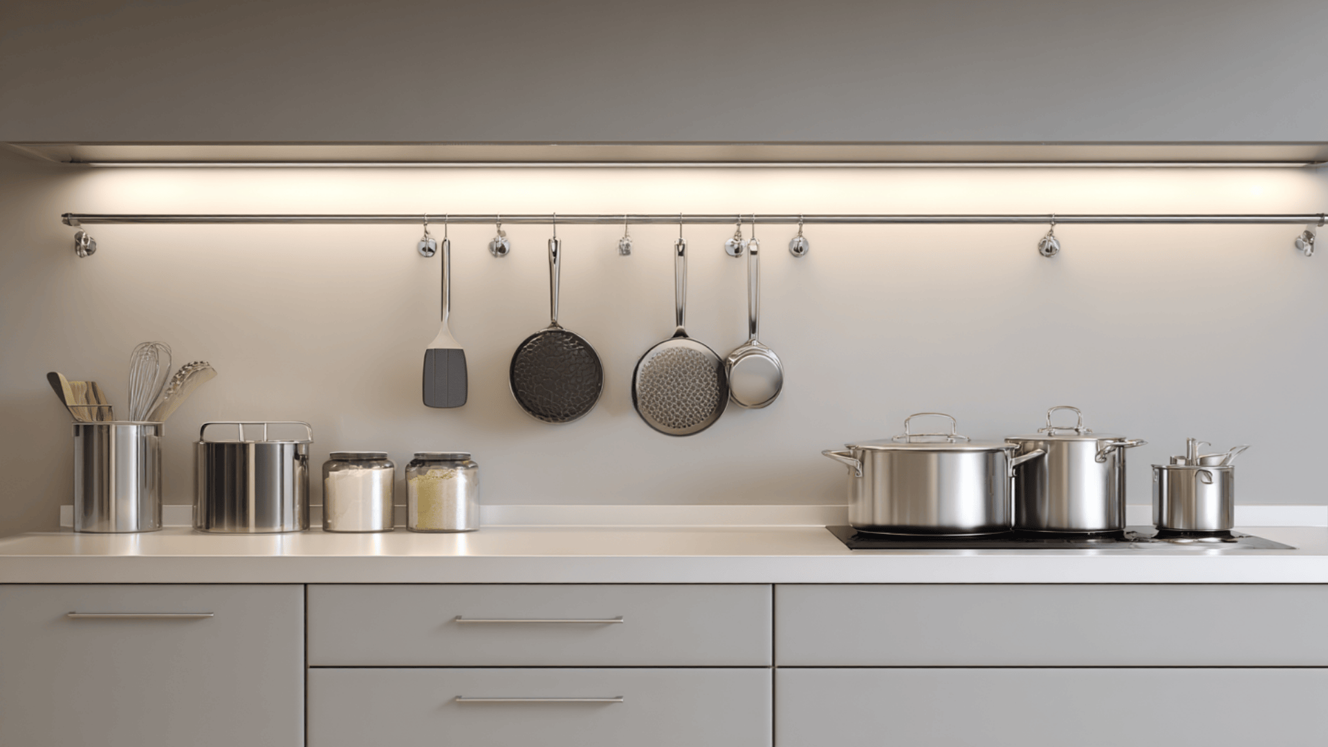 minimalist pot rail with matching hooks
