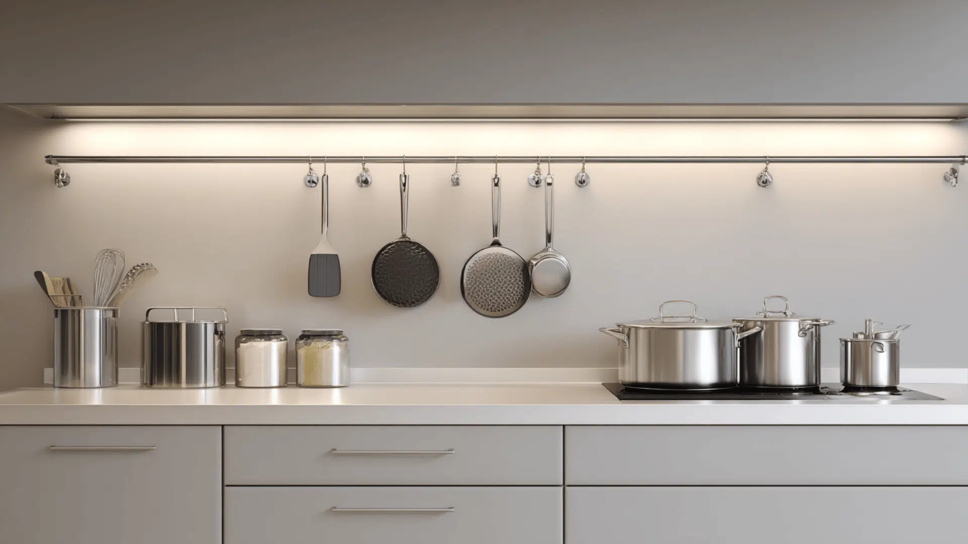 minimalist pot rail with matching hooks